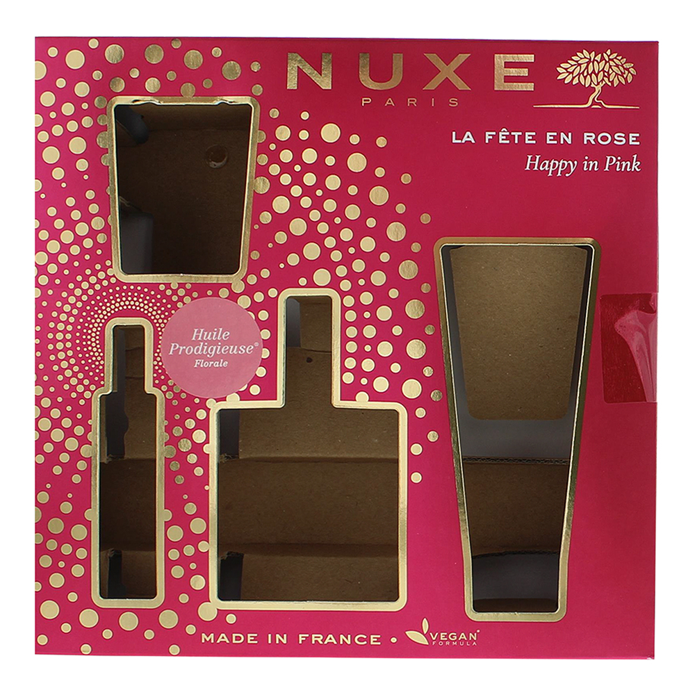Nuxe Happy In Pink 4 Piece Gift Set: Body Oil 100ml - Scented Shower Gel 100ml - Floral Parfum 15ml - Candle 70g - Box