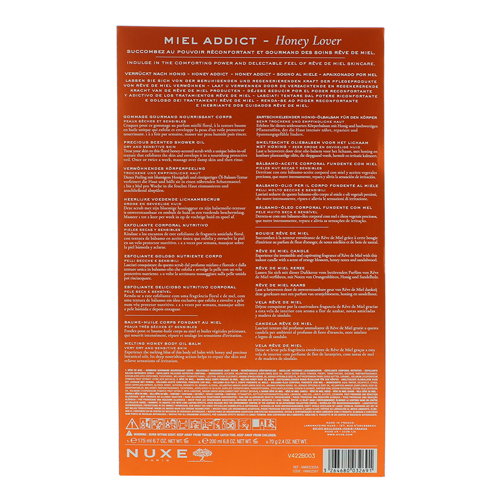 Nuxe Honey Lover 3 Piece Gift Set: Body Oil Balm 200ml - Nourishing Body Scrub 175ml - Candle 70g