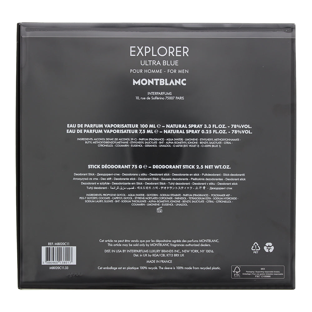 Montblanc Explorer Ultra Blue 3 Piece Gift Set: Eau De Parfum 100ml - Eau De Par
