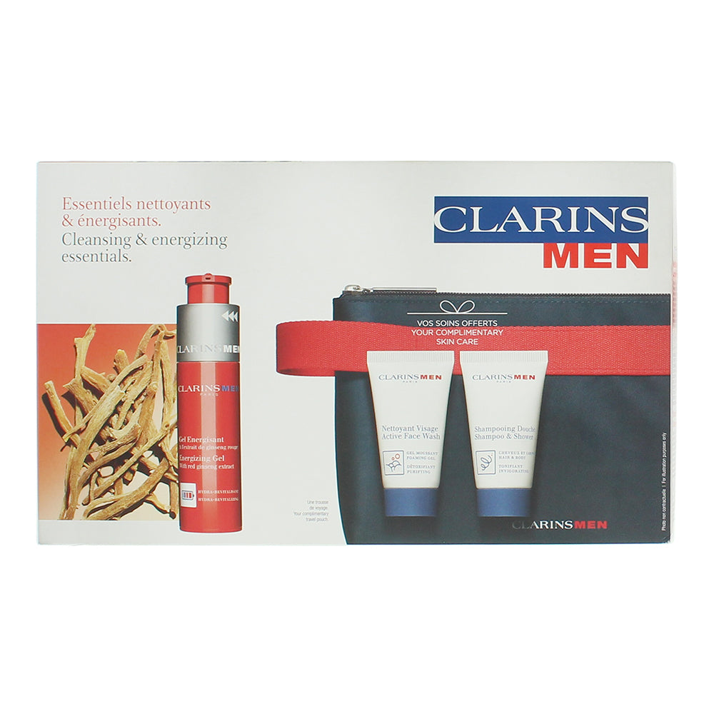 Clarins Men 4 Piece Gift Set: Energisant Gel 50ml - Foaming Cleanser 30ml - Sham - Box