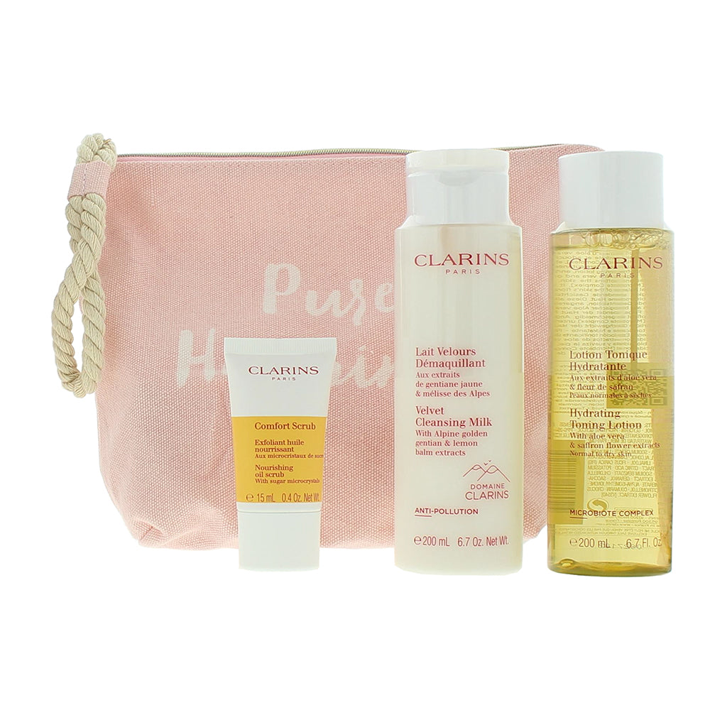 Clarins Perfect Cleansing 3 Piece Gift Set: Cleansing Milk 200ml - Toning Lotion 200ml - Comfort Scrub 15ml - Pouch  - Product