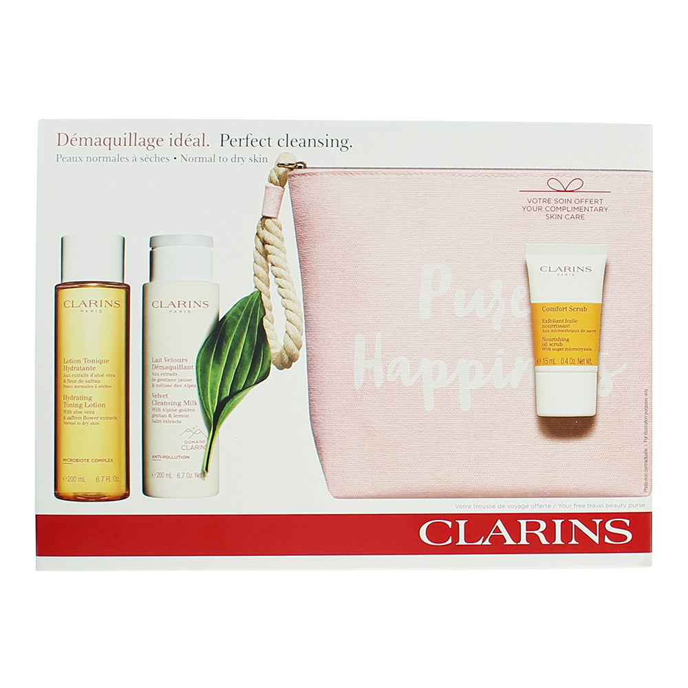 Clarins Perfect Cleansing 3 Piece Gift Set: Cleansing Milk 200ml - Toning Lotion 200ml - Comfort Scrub 15ml - Pouch  - Box