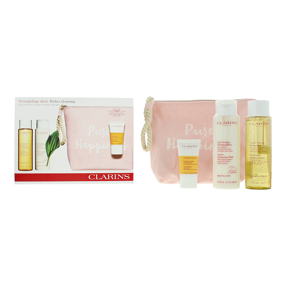 Clarins Perfect Cleansing 3 Piece Gift Set: Cleansing Milk 200ml - Toning Lotion 200ml - Comfort Scrub 15ml - Pouch 