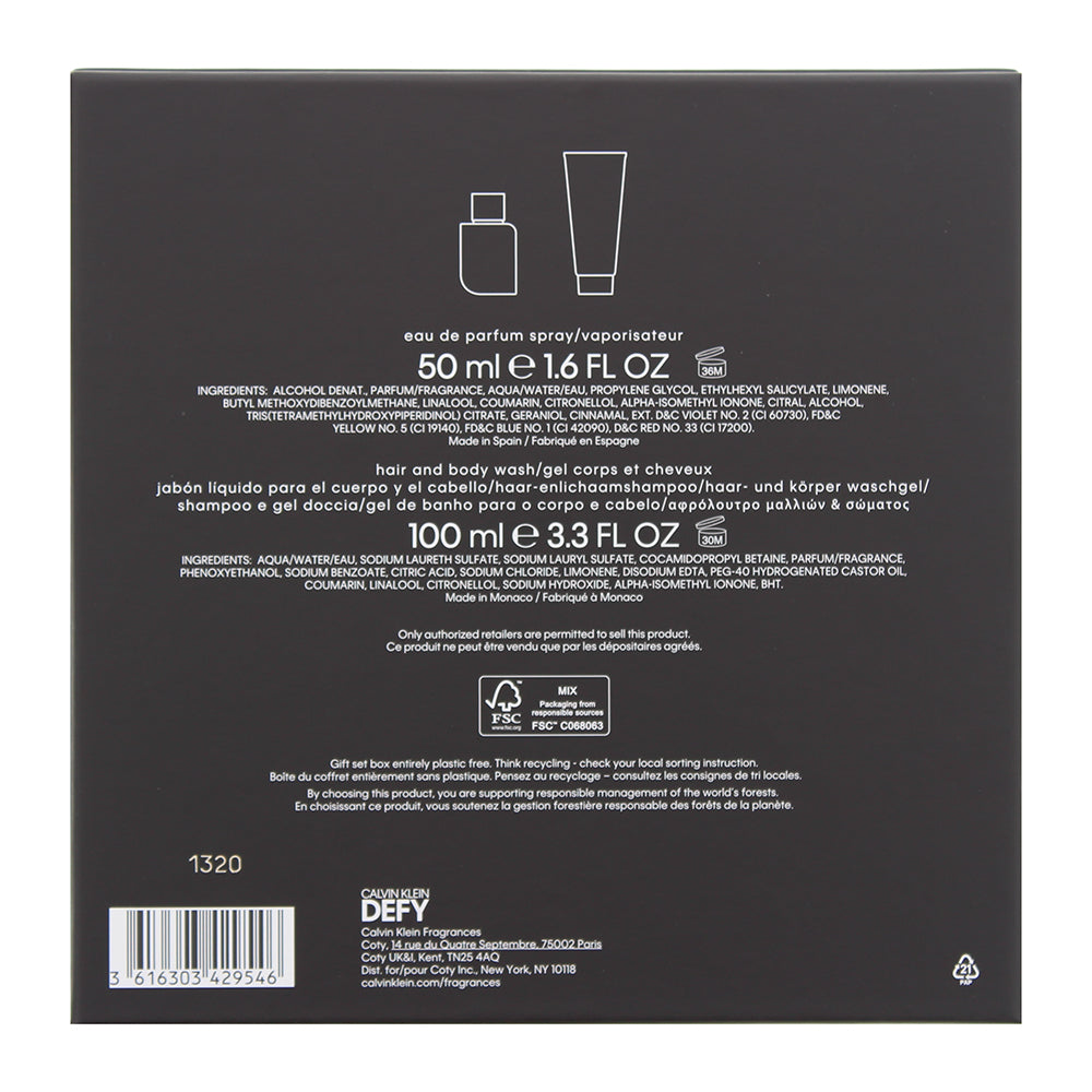 Calvin Klein Defy 2 Piece Gift Set: Eau De Parfum 50ml - Hair & Body Wash 100ml