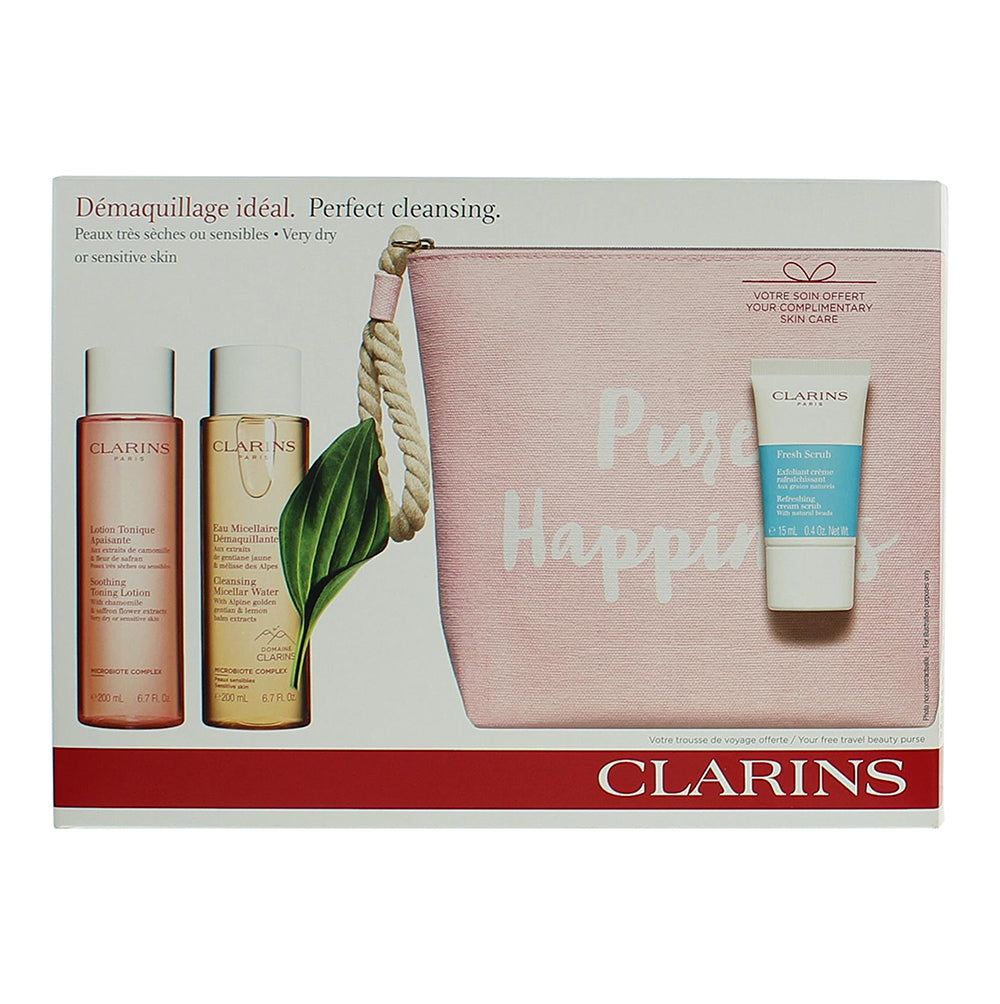 Clarins 3 Piece Gift Set: Micellar Water 200ml - Toning Lotion 200ml - Fresh Scr - Box