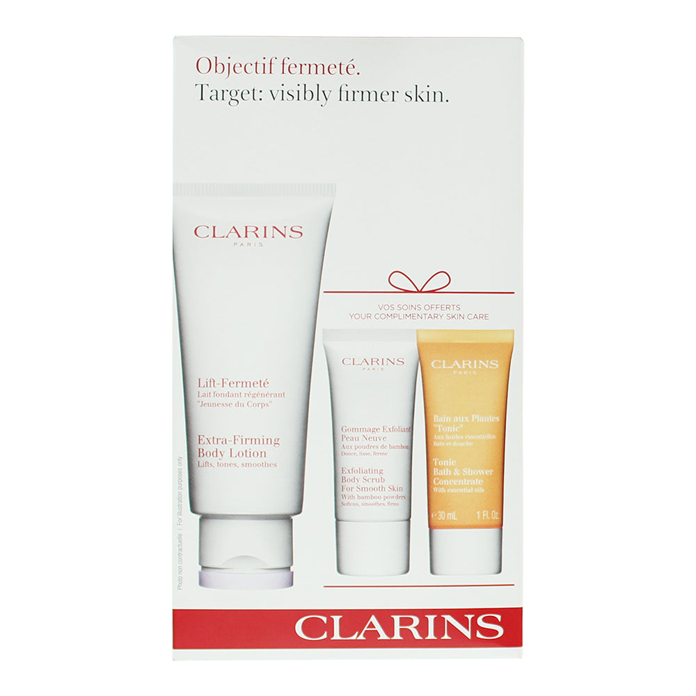 Clarins 3 Piece Gift Set: Extra-Firming Body Lotion 200ml - Exfoliating Body Scr - Box