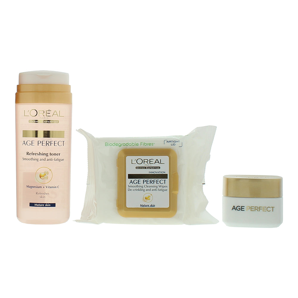 L'oreal Age Perfect 3 Piece Gift Set: Day Cream 50ml - Toner 200ml - Wipes - Product