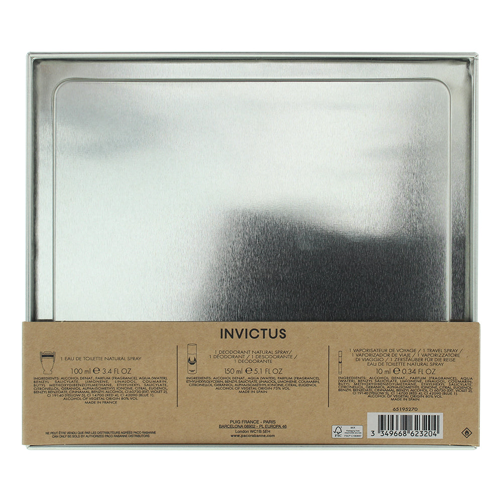 Paco Rabanne Invictus 3 Piece Gift Set: Eau de Toilette 100ml - Deodorant Spray 