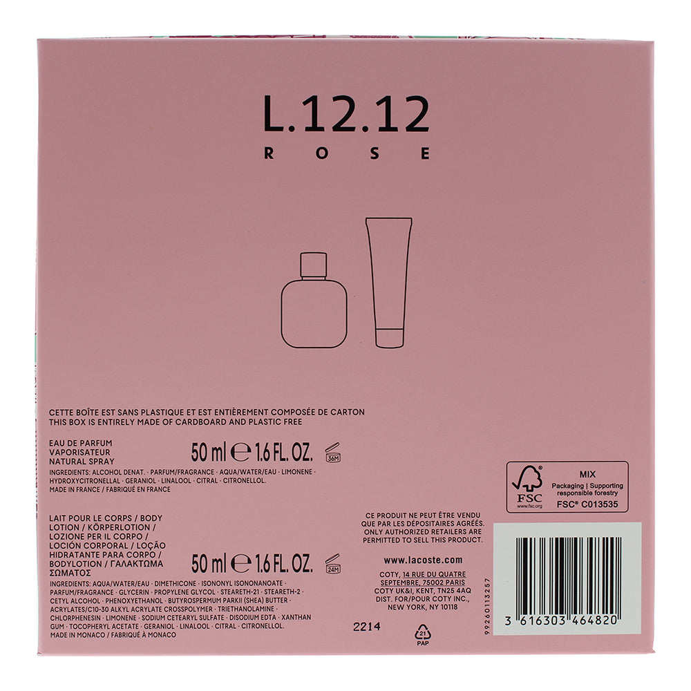 Lacoste Eau De Lacoste L.12.12 Rose 2 Piece Gift Set: Eau de Parfum 50ml - Body 