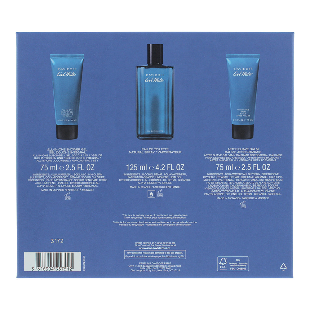 Davidoff Cool Water 3 Piece Gift Set: Eau de Toilette 125ml - Shower Gel 75ml - 
