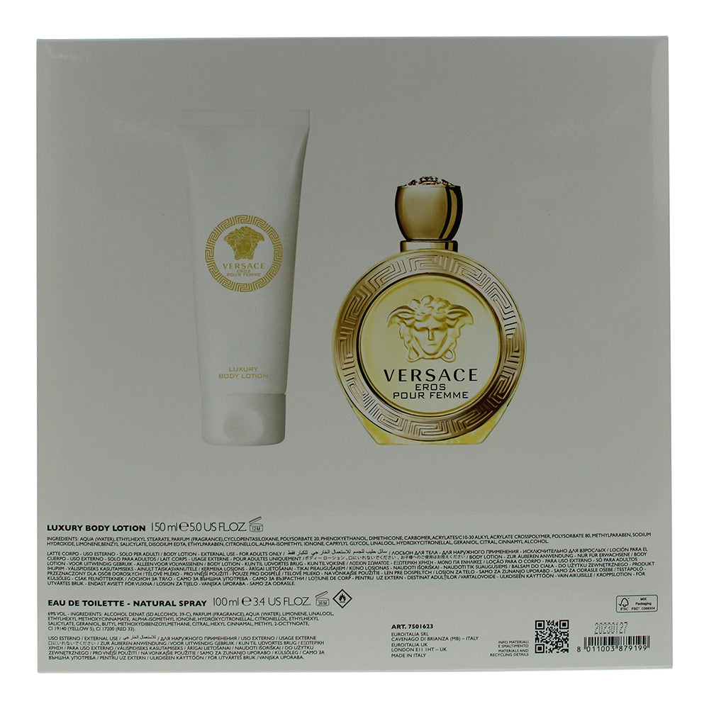 Versace Eros Pour Femme 2 Piece Gift Set: Eau de Toilette 100ml - Body Lotion 15