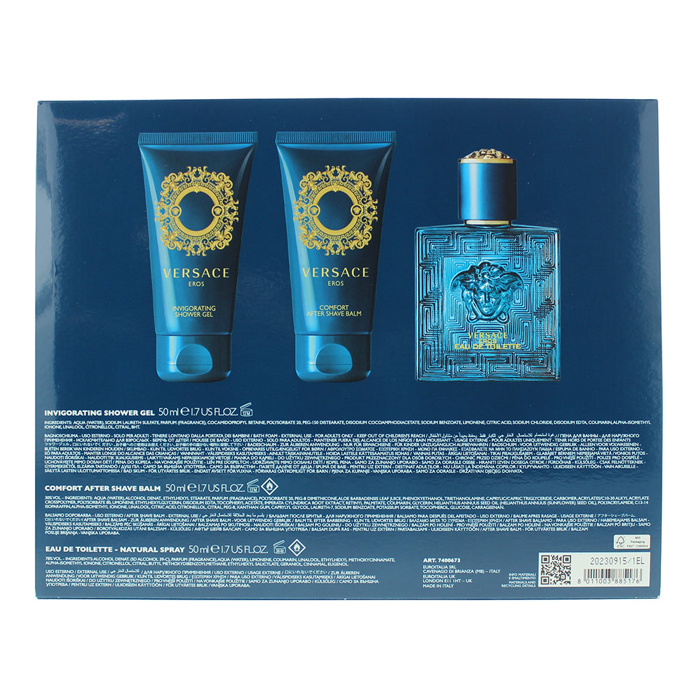 Versace Eros 3 Piece Gift Set: Eau de Toilette 50ml - Shower Gel 50ml - Aftersha