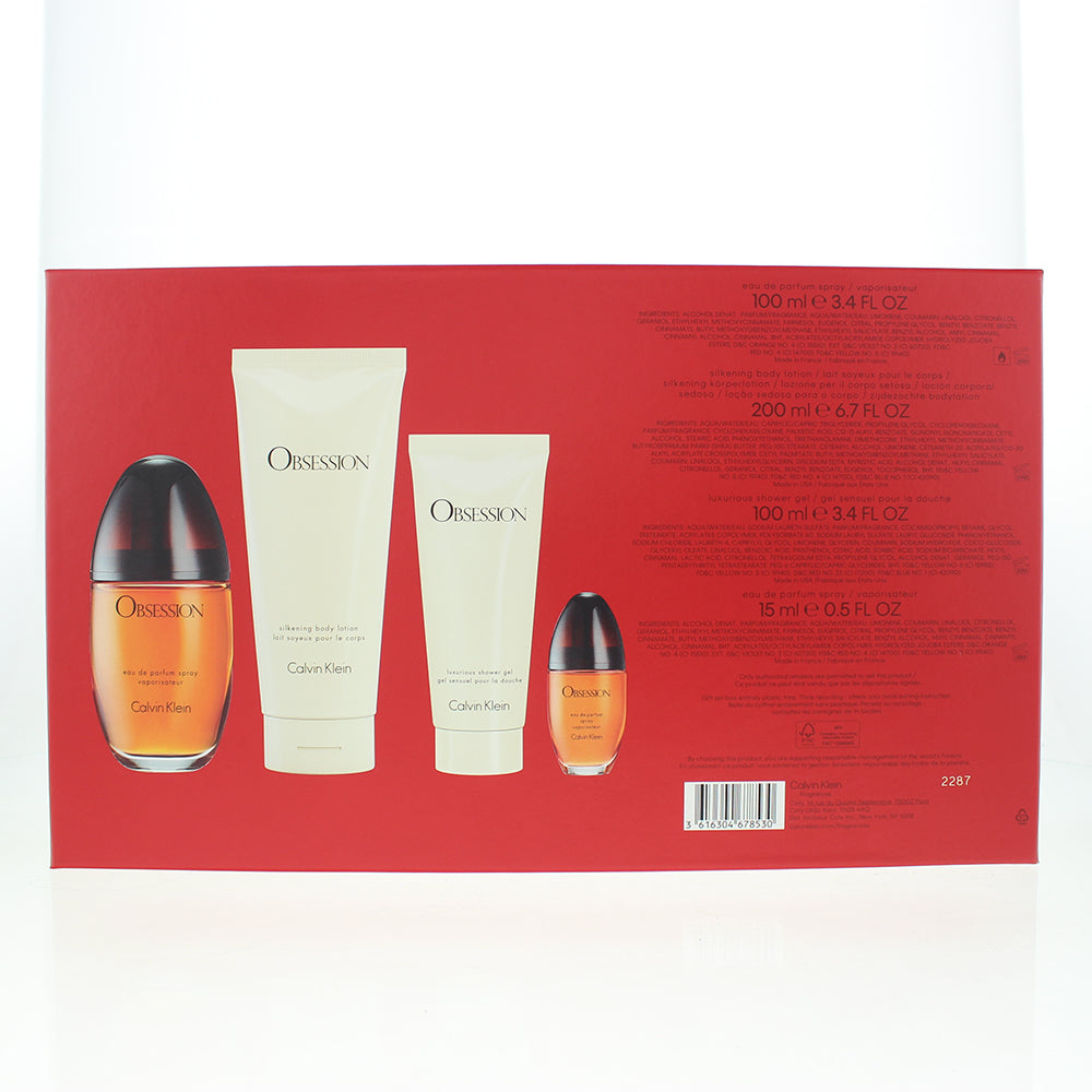 Calvin Klein Obsession 4 Piece Gift Set: Eau De Parfum 100ml - Body Lotion 200ml