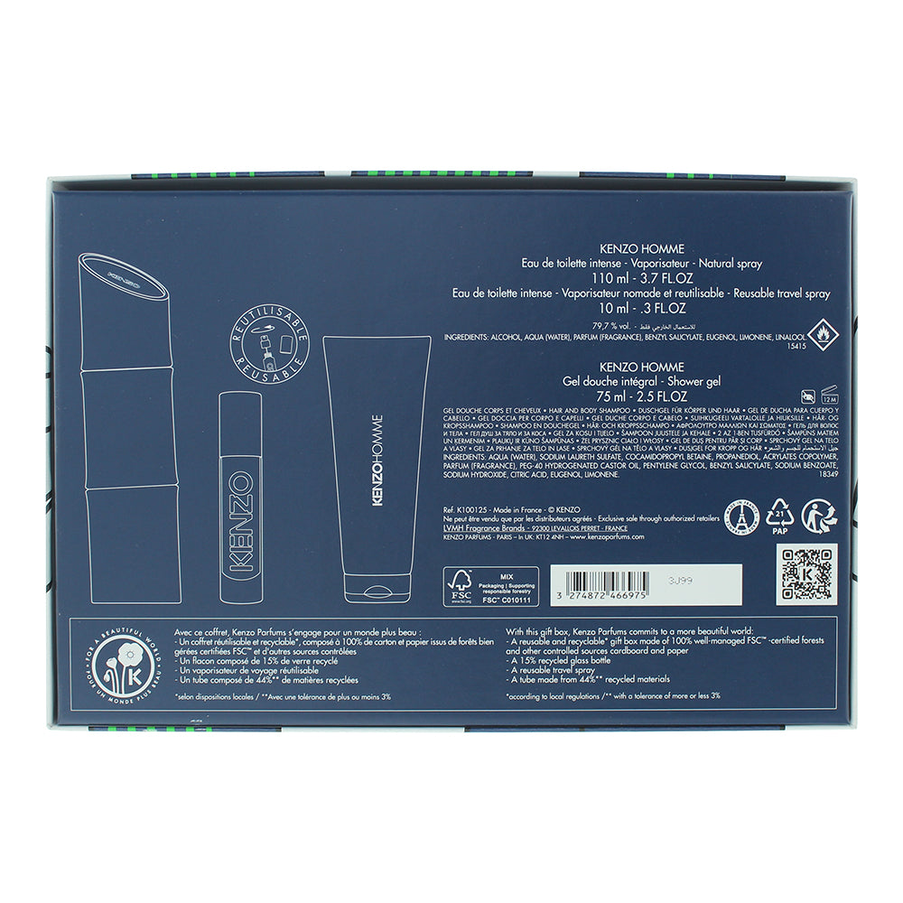 Kenzo Homme Intense Eau de Toilette 3 Piece Gift Set: Eau de Toilette 110ml - Ea