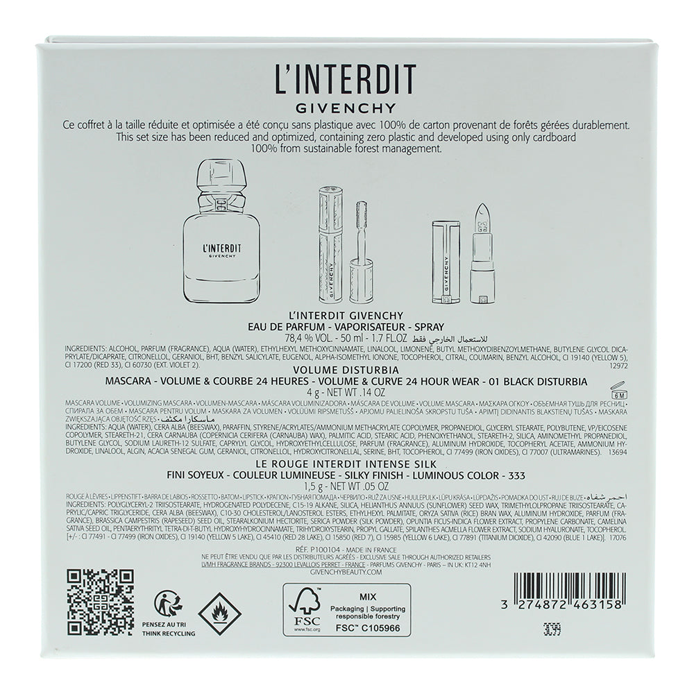 Givenchy L'interdit 3 Piece Gift Set: Eau de Parfum 50ml - Mascara 4g - Lipstick
