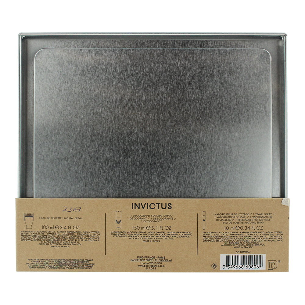 Paco Rabanne Invictus 3 Piece Gift Set: Eau de Toilette 100ml - Eau de Toilette 
