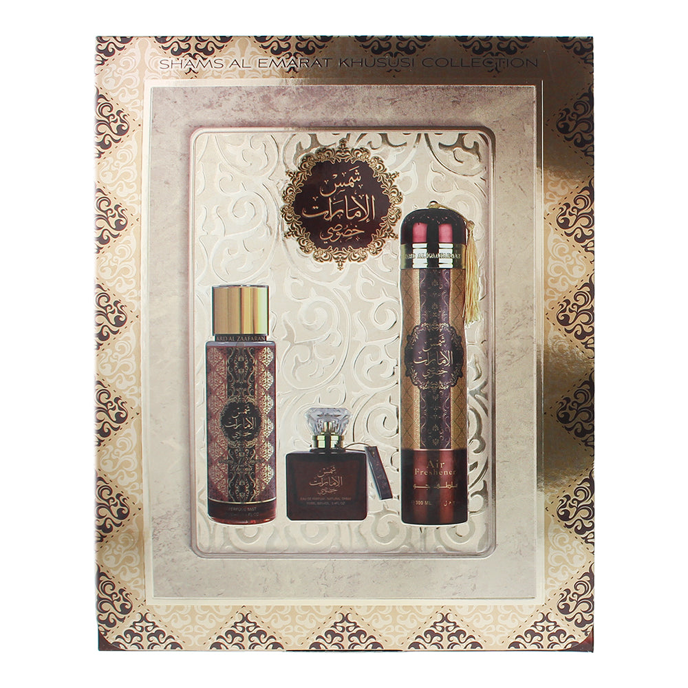 Ard Al Zaafaran Shams Al Emarat Khususi 3 Piece Gift Set: Eau de Parfum 100ml - P - Box