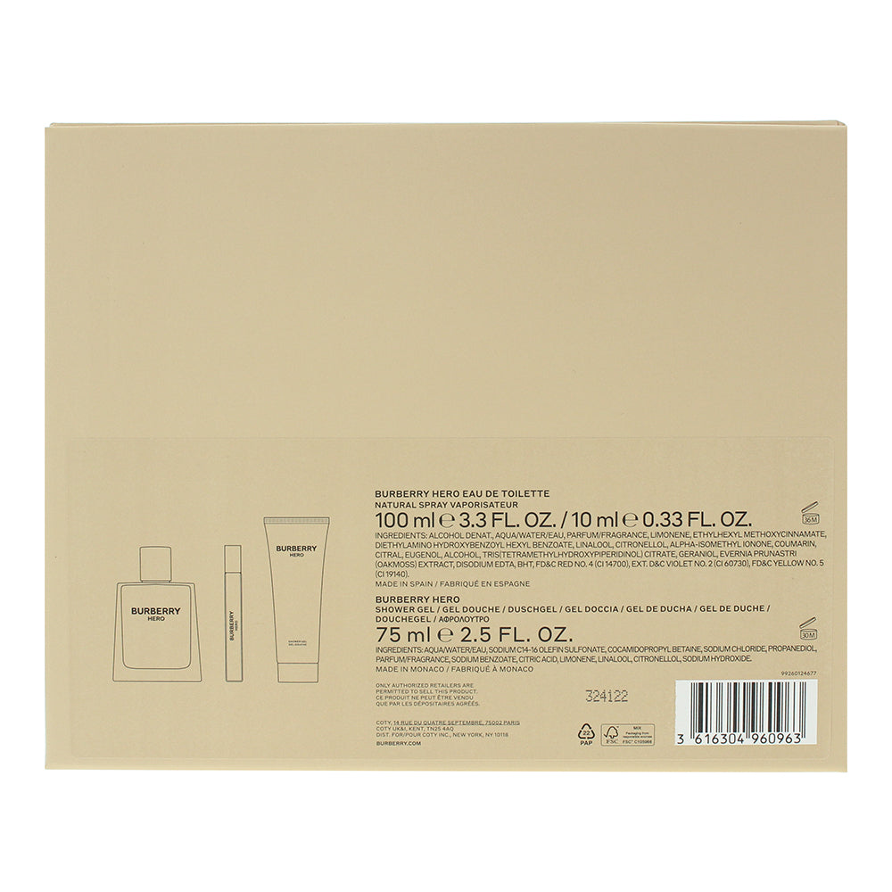 Burberry Hero For Men 3 Piece Gift Set: Eau De Toilette 100ml - Shower Gel 75ml 