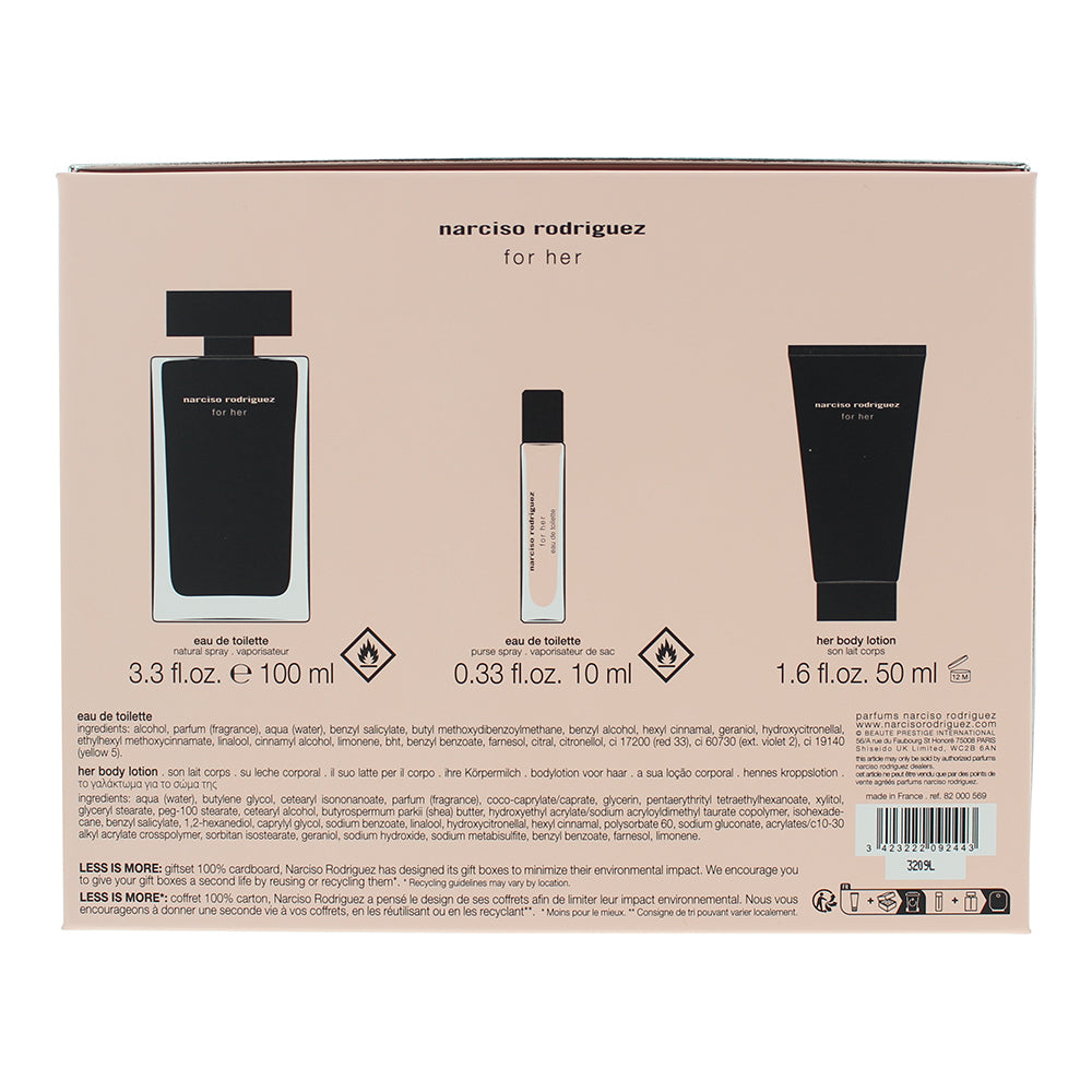 Narciso Rodriguez For Her 3 Piece Gift Set: Eau De Toilette 100ml - Body Lotion 