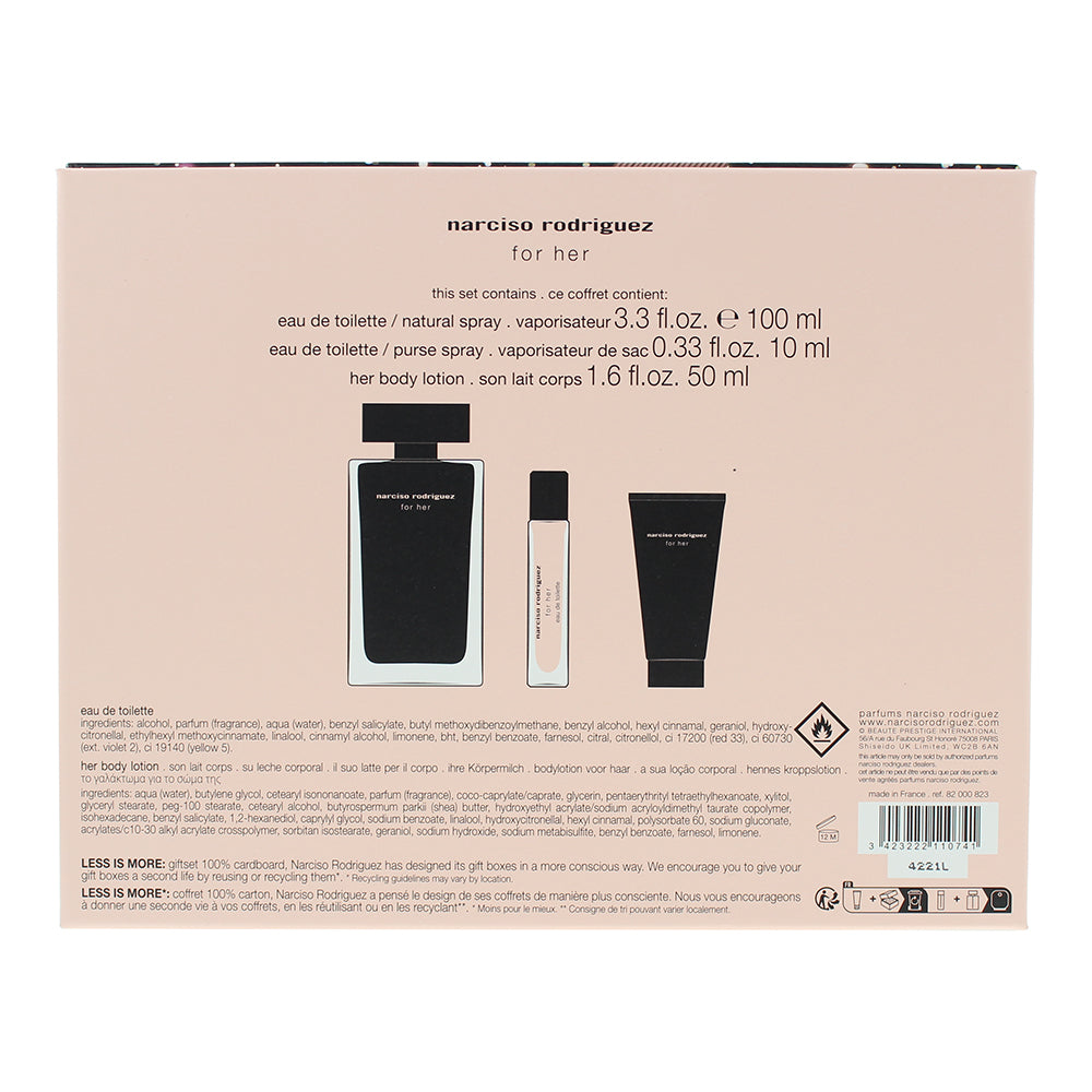 Narciso Rodriguez For Her 3 Piece Gift Set: Eau De Toilette 100ml - Body Lotion 