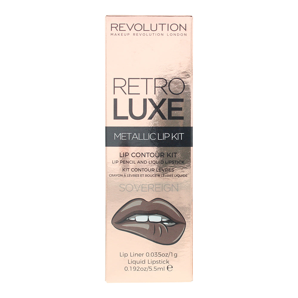 Revolution Retro Luxe Metallic Lip Kit Sovereign Lip Liner 1g & Liquid Lipstick  - Box
