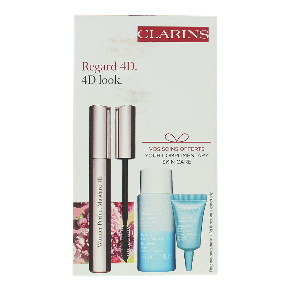 Clarins Wonder Perfect 3 Piece Gift Set: Mascara 4D 8ml - Make-Up Remover 30ml - - Box