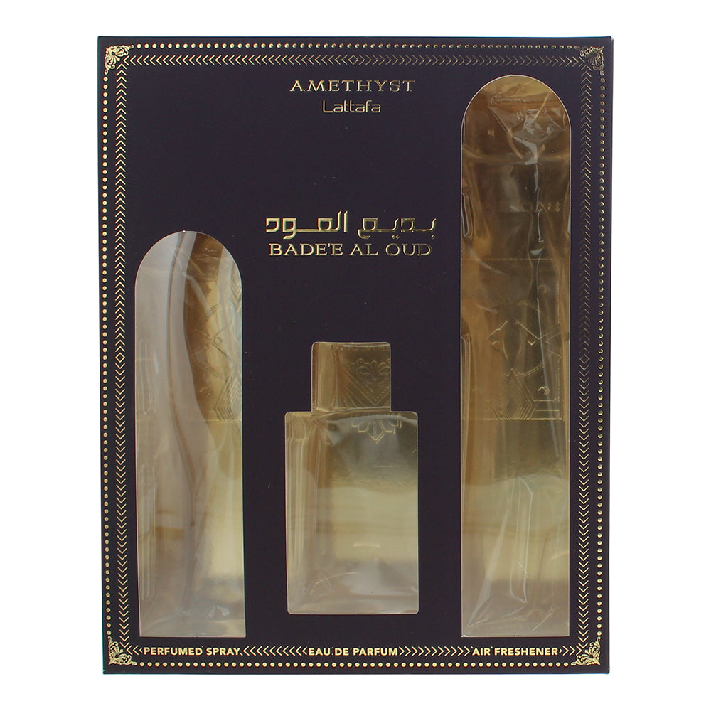 Lattafa Bade'e Al Oud Amethyst 3 Piece Gift Set: Eau de Parfum 100ml - Air Fresh - Box
