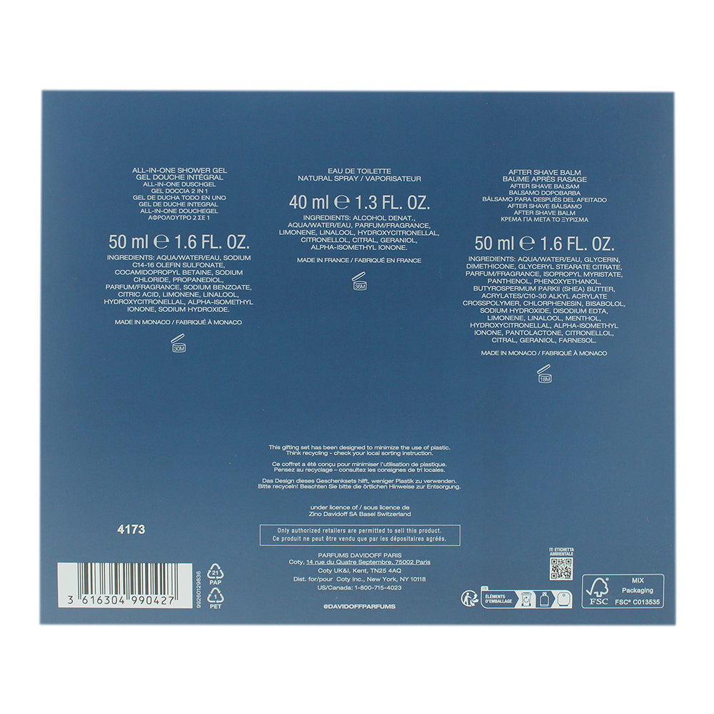 Davidoff Cool Water 3 Piece Gift Set: Eau de Toilette 40ml - Shower Gel 50ml - A