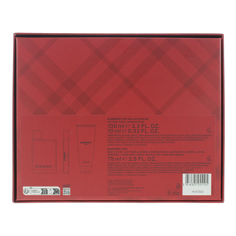 Burberry Her 3 Piece Gift Set: Eau de Parfum 100ml - Body Lotion 75ml - Eau de P