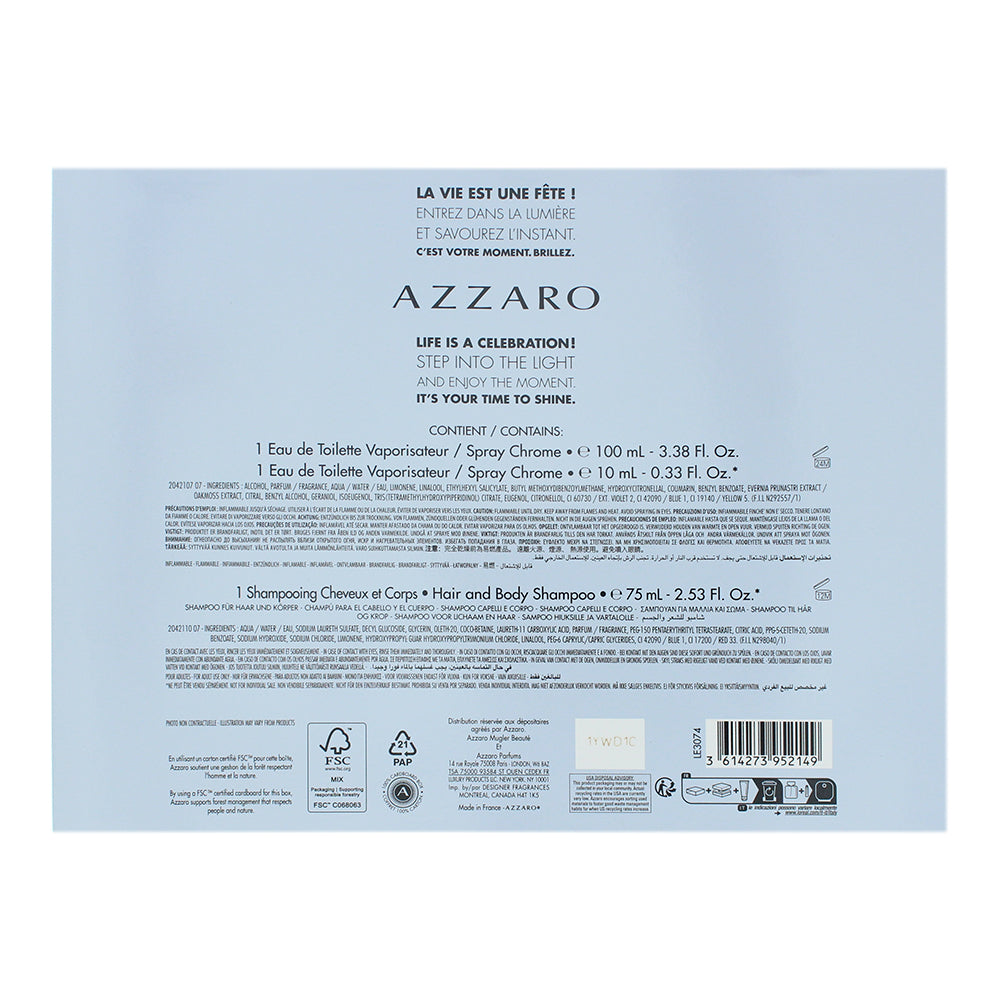 Azzaro Chrome 3 Piece Gift Set: Eau de Toilette 100ml - Eau de Toilette 10ml - H