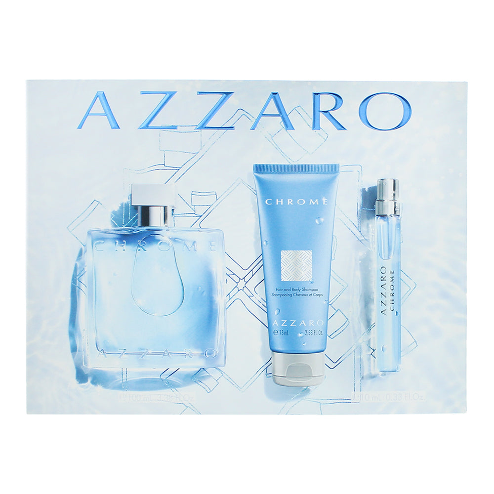 Azzaro Chrome 3 Piece Gift Set: Eau de Toilette 100ml - Eau de Toilette 10ml - H - Box