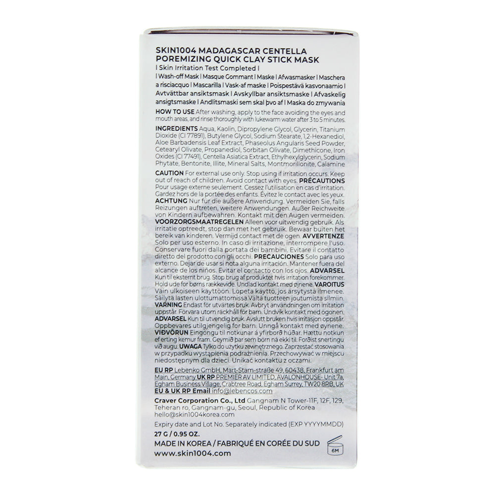 Skin1004 Madagascar Centella Poremizing Quick Clay Stick Mask 27ml - Ingredients