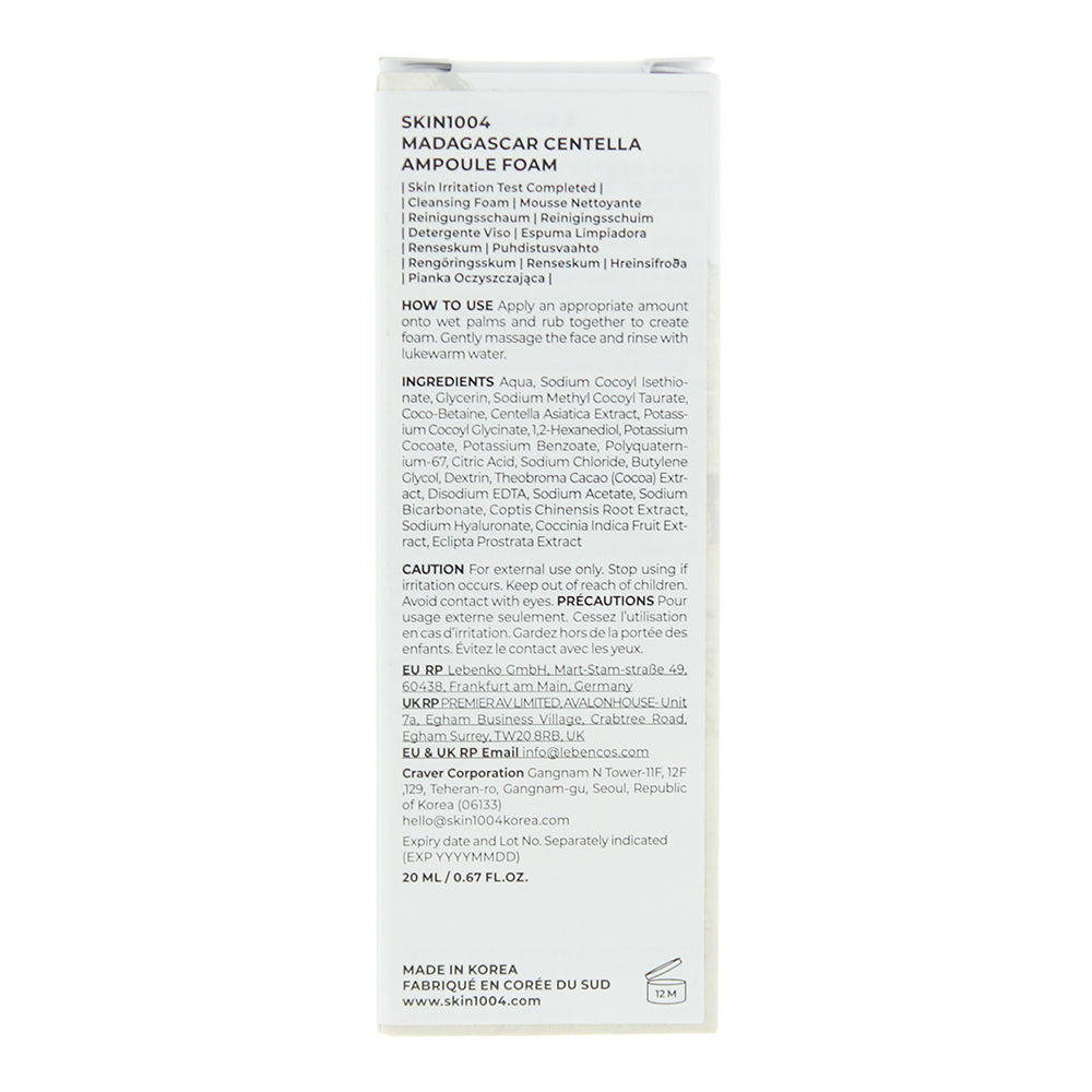 Skin1004 Madagascar Centella Ampoule Foam Cleanser Mini 20ml - Ingredients