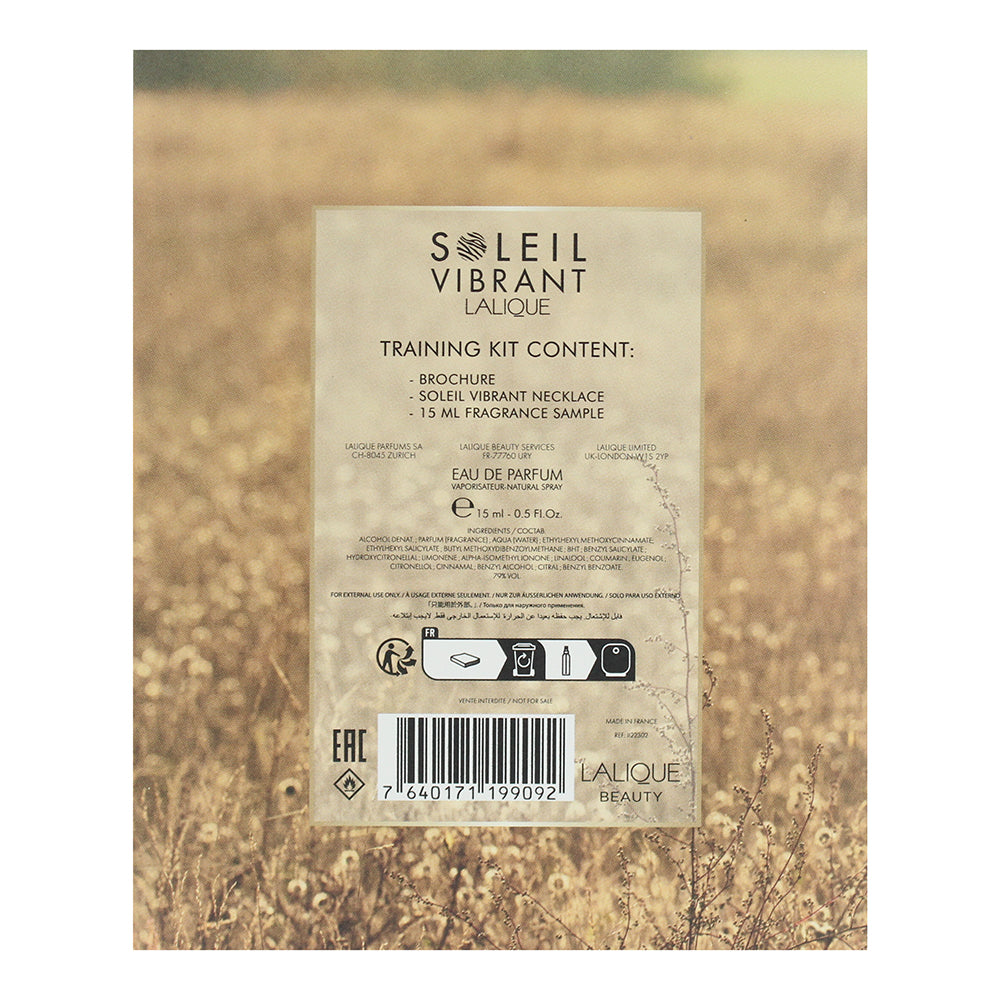 Lalique Soleil Vibrant 3 Piece Gift Set: Eau De Parfum 15ml - Necklace - Bag