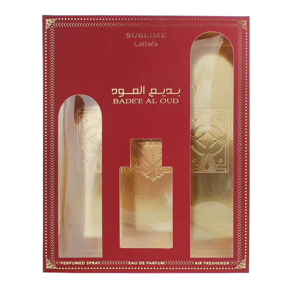 Lattafa Bade'e Al Oud Sublime 3 Piece Gift Set: Eau de Parfum 100ml - Air Freshe - Box