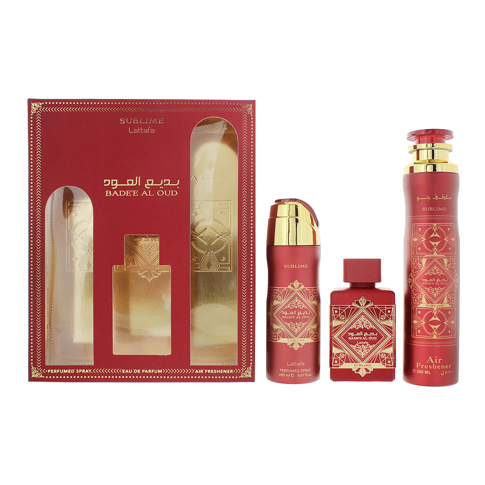Lattafa Bade'e Al Oud Sublime 3 Piece Gift Set: Eau de Parfum 100ml - Air Freshe