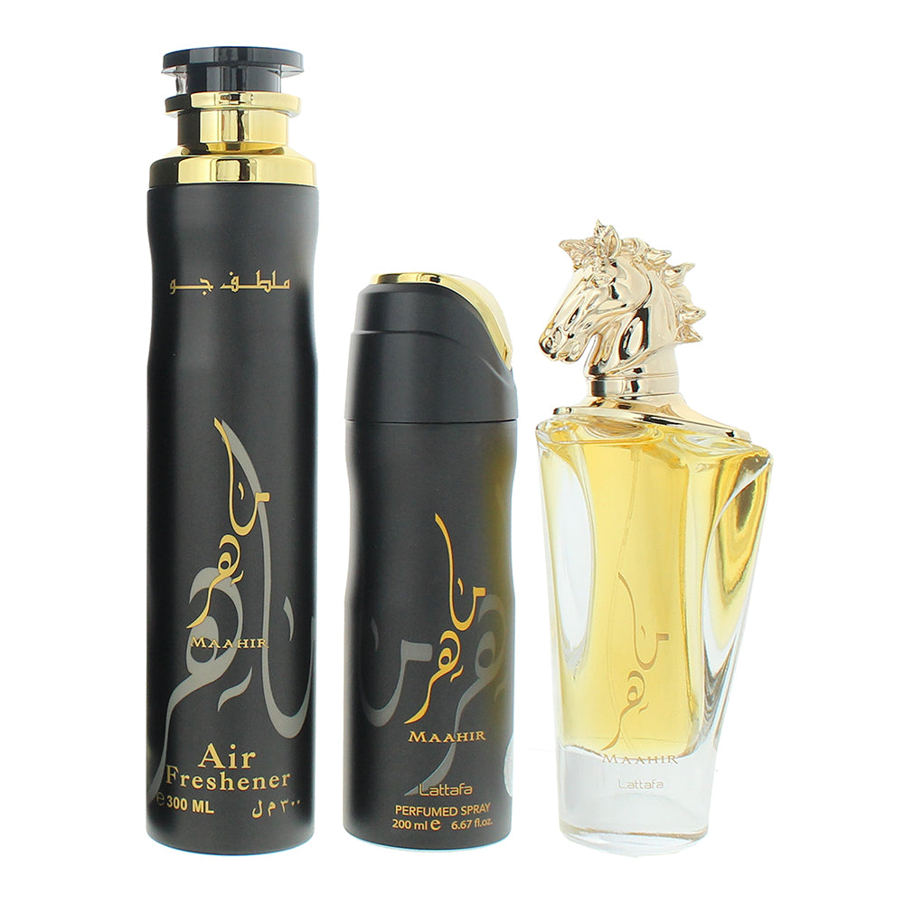 Lattafa Maahir 3 Piece Gift Set: Eau de Parfum 100ml - Air Freshener 300ml - Per - Product