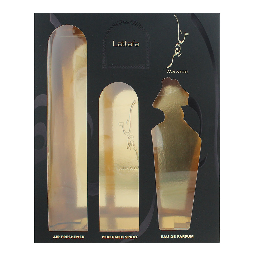 Lattafa Maahir 3 Piece Gift Set: Eau de Parfum 100ml - Air Freshener 300ml - Per - Box