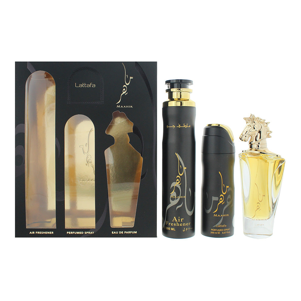 Lattafa Maahir 3 Piece Gift Set: Eau de Parfum 100ml - Air Freshener 300ml - Per