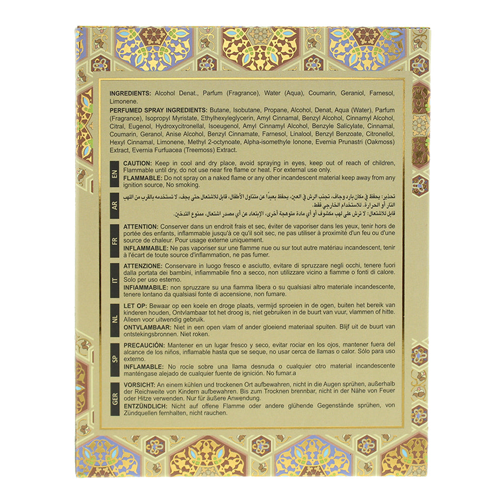 Lattafa Raghba 2 Piece Gift Set: Eau de Parfum 100ml - Deodorant Spray 50ml - Ingredients