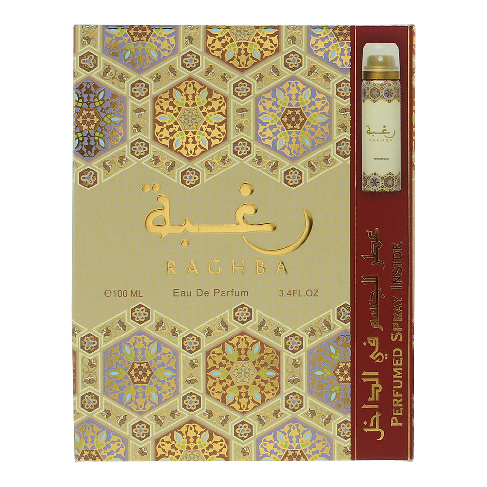 Lattafa Raghba 2 Piece Gift Set: Eau de Parfum 100ml - Deodorant Spray 50ml - Box