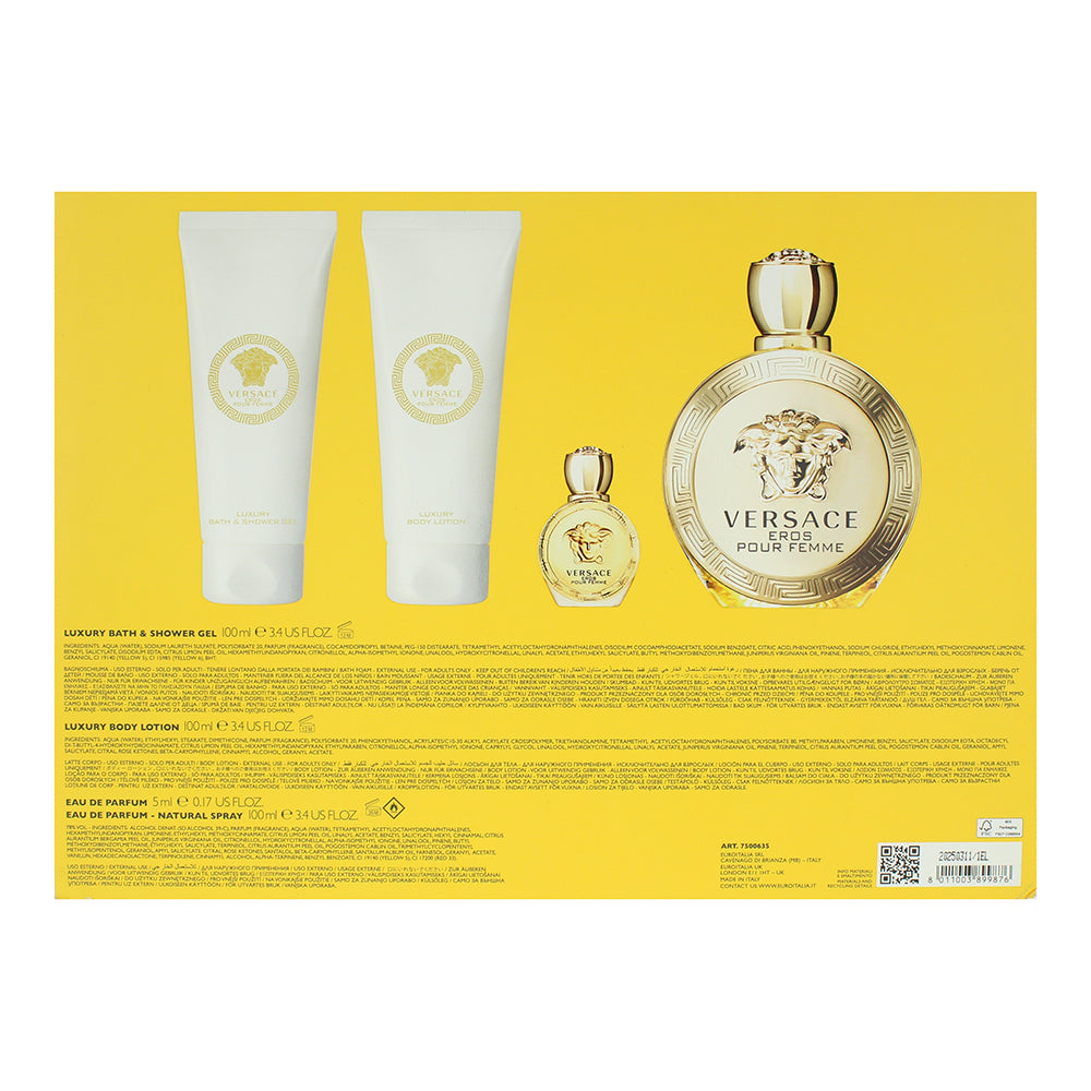 Versace Eros Pour Femme 4 Piece Gift Set: Eau de Parfum 100ml - Eau de Parfum 5m