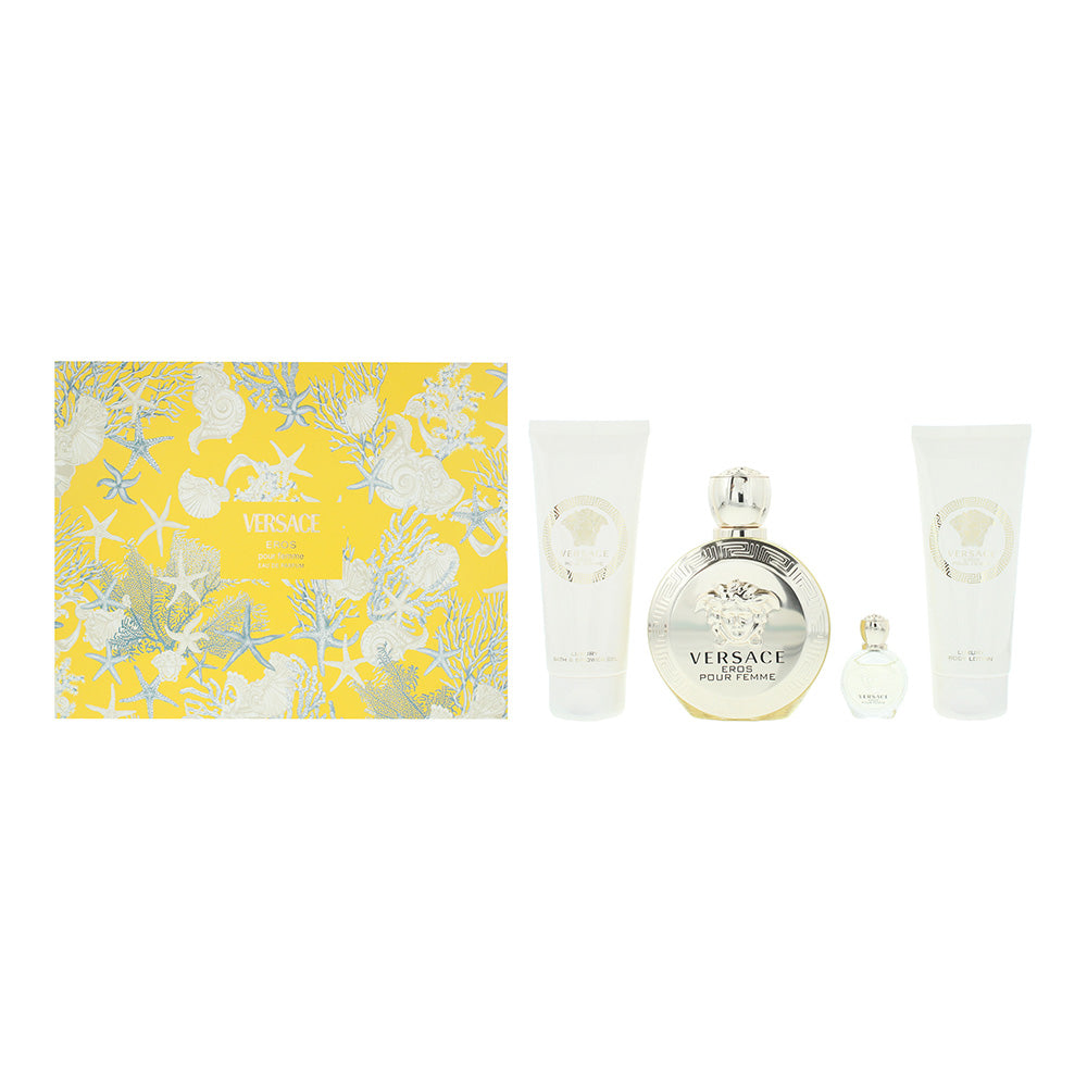 Versace Eros Pour Femme 4 Piece Gift Set: Eau de Parfum 100ml - Eau de Parfum 5m
