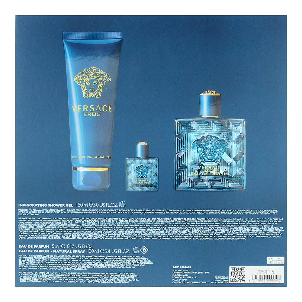 Versace Eros Pour Homme 3 Piece Gift Set: Eau de Parfum 100ml - Eau de Parfum 5m