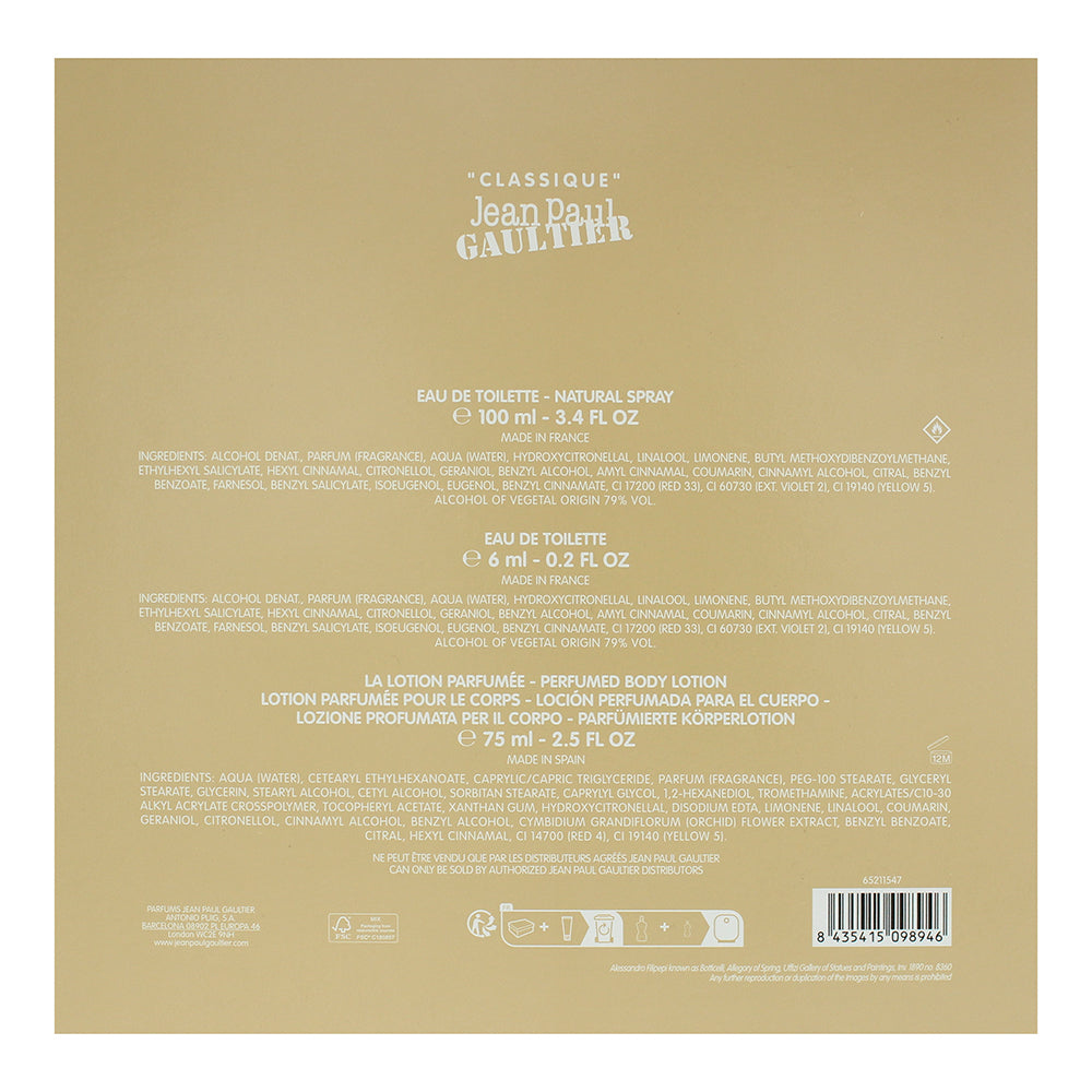Jean Paul Gaultier Classique 3 Piece Gift Set: Eau De Toilette 100ml - Eau De To