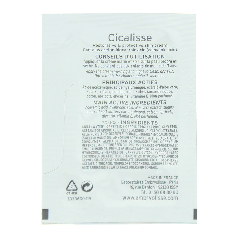 Embryolisse Cicalisse Restorative & Protective Skin Cream 2ml - Ingredients