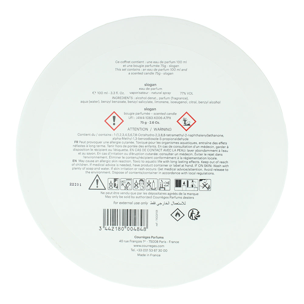 Courrèges Slogan 2 Piece Gift Set: Eau de Parfum 100ml - Candle 75g - Ingredients