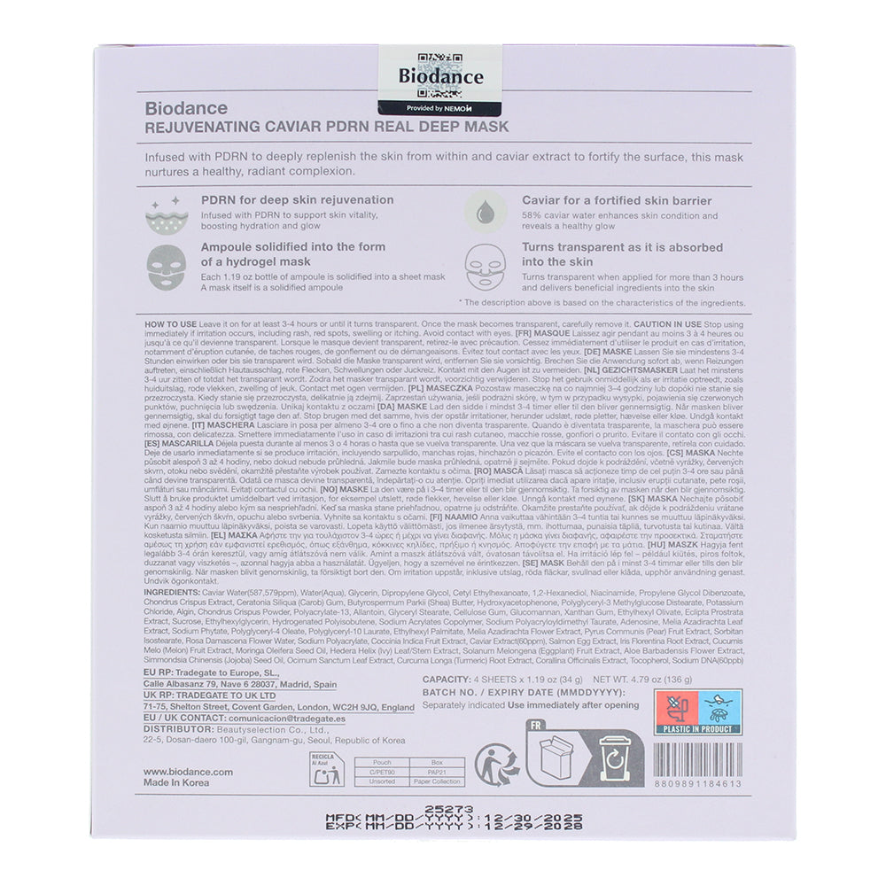 Biodance Rejuvenating Caviar Pdrn Real Deep Mask Sheets 4 x 34g - Ingredients