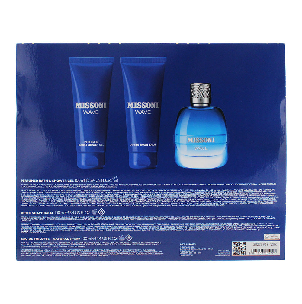 Missoni Wave 3 Piece Gift Set: Eau de Toilette 100ml - Shower Gel 100ml - Aftershave Balm 100ml