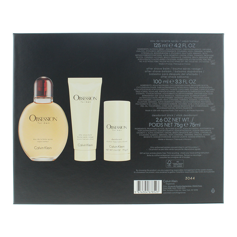 Calvin Klein Obsession For Men 3 Piece Gift Set: EDT 125ml - Aftershave Balm 75m